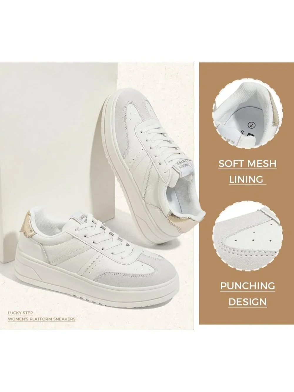 Women's White Lace Up Platform Thick Sole Comfortable Casual Fashion Sneakers